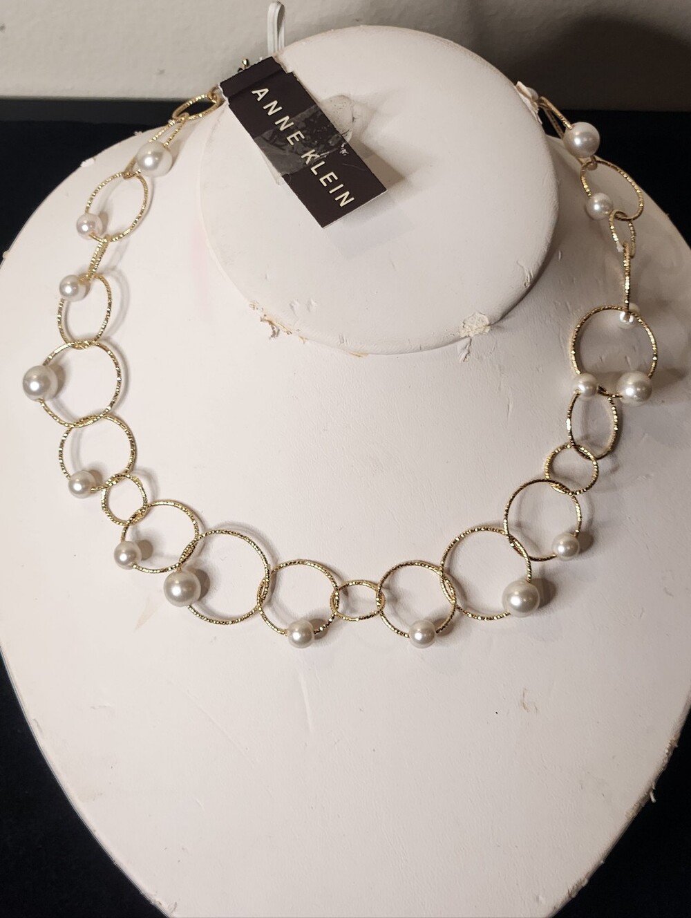 Vintage Anne Klein Signed  Faux Pearl Gold-tone Necklace New With Tags